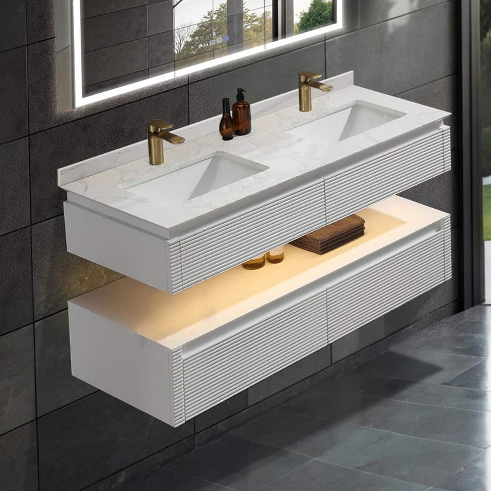 48 in. W X 20.7 in. D X 19.6 in. H Double Floating Sink Solid Wood Bath Vanity in White with White Marble Top and Lights price history on PriceWatchPro