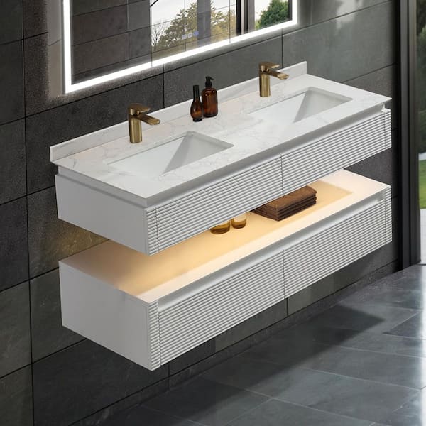 Lonni 48 in. W X 20.7 in. D X 19.6 in. H Double Floating Sink Solid Wood Bath Vanity in White with White Marble Top and Lights