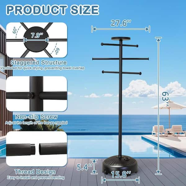 63 in. Freestanding 6- Bar Towel Rack with Wheels, Tray and Adjustable Bars, Indoor Outdoor, Hot Tub Accessories, Black