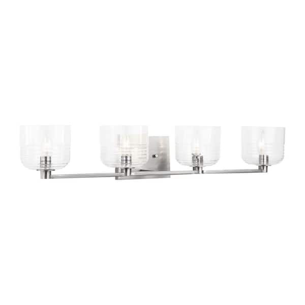 Lochdale Extra Large 33.625 in. 4-Light Brushed Nickel Vanity Light with Clear Ribbed Glass Shades
