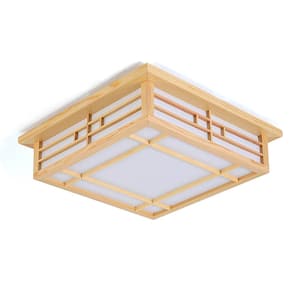13.78 in. Wood Square Japanese Style Tatami Dimmable Flush Mount Ceiling Light with Integrated LED and Remote