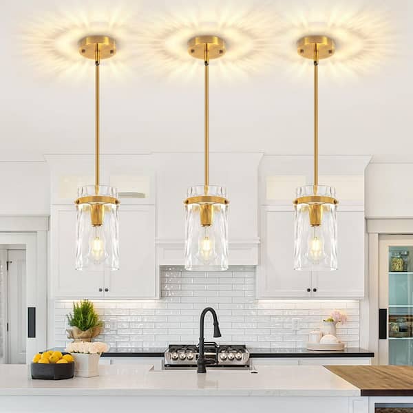 1-Light Gold Modern Pendant Light with Cylinder Clear Water Glass Shade (Set of 3)