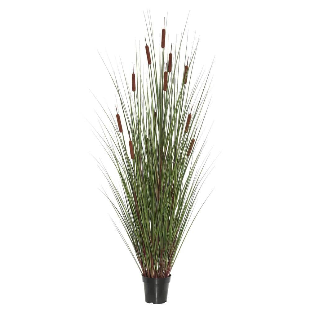 24" Green Plastic Potted Grass with Brown Cattails