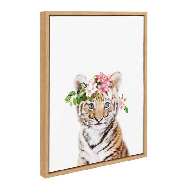 Kate and Laurel Sylvie Flower Crown Tiger Cub Framed Canvas by Amy Peterson Art Studio (Set of 1) Animal Art Print 18.00 in. x 24.00 in.
