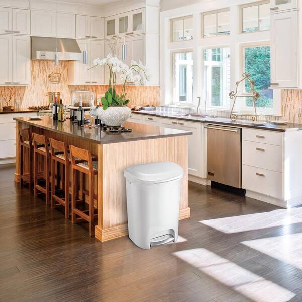 White Kitchen Rubbermaid Spring Top Lid Trash Can for Home 13 Gallon and Bathroom Garbage 