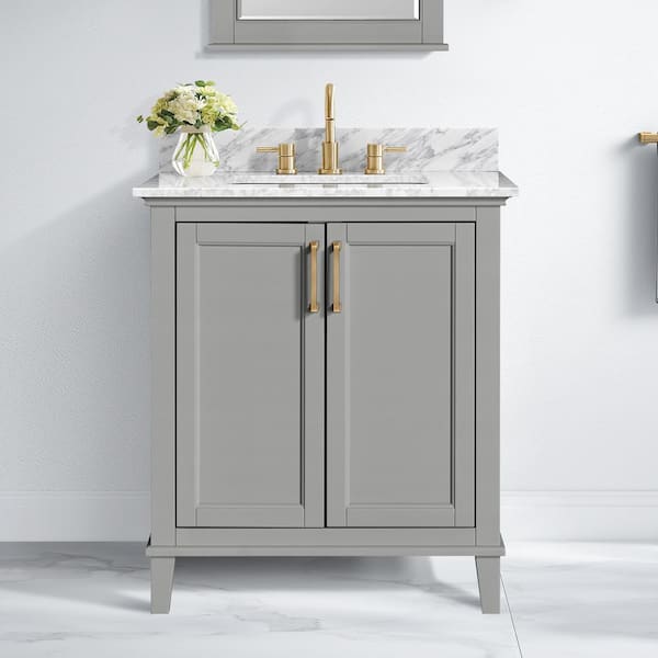 Home Decorators Collection Grayson 31 in. W x 22 in. D x 35 in. H Single Sink Freestanding Bath Vanity in Gray with White Marble Top