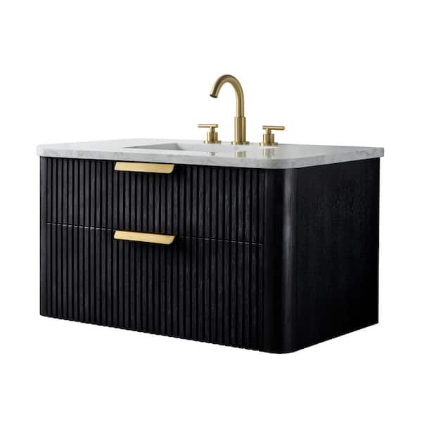 Warren 36 in. W Floating Bath Vanity in Black Oak, Engineered Stone Top in Arabescato and White Sink