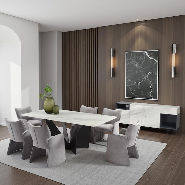 Olivia Modern 8-Piece Rectangular Gray Tempered Glass Top Dining Room Set with 3-Door Sideboard - Seats 6