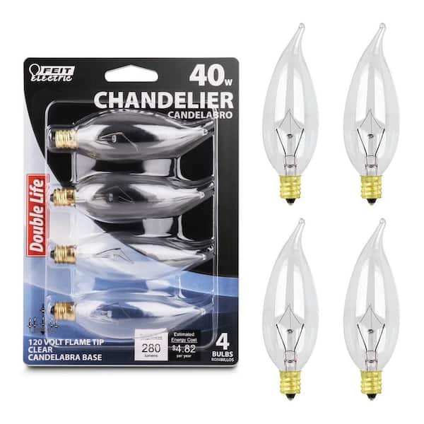 40-Watt B10 E12 Clear Flame Tip Double Life Incandescent Light Bulb, Soft White 2700K (4-Pack)