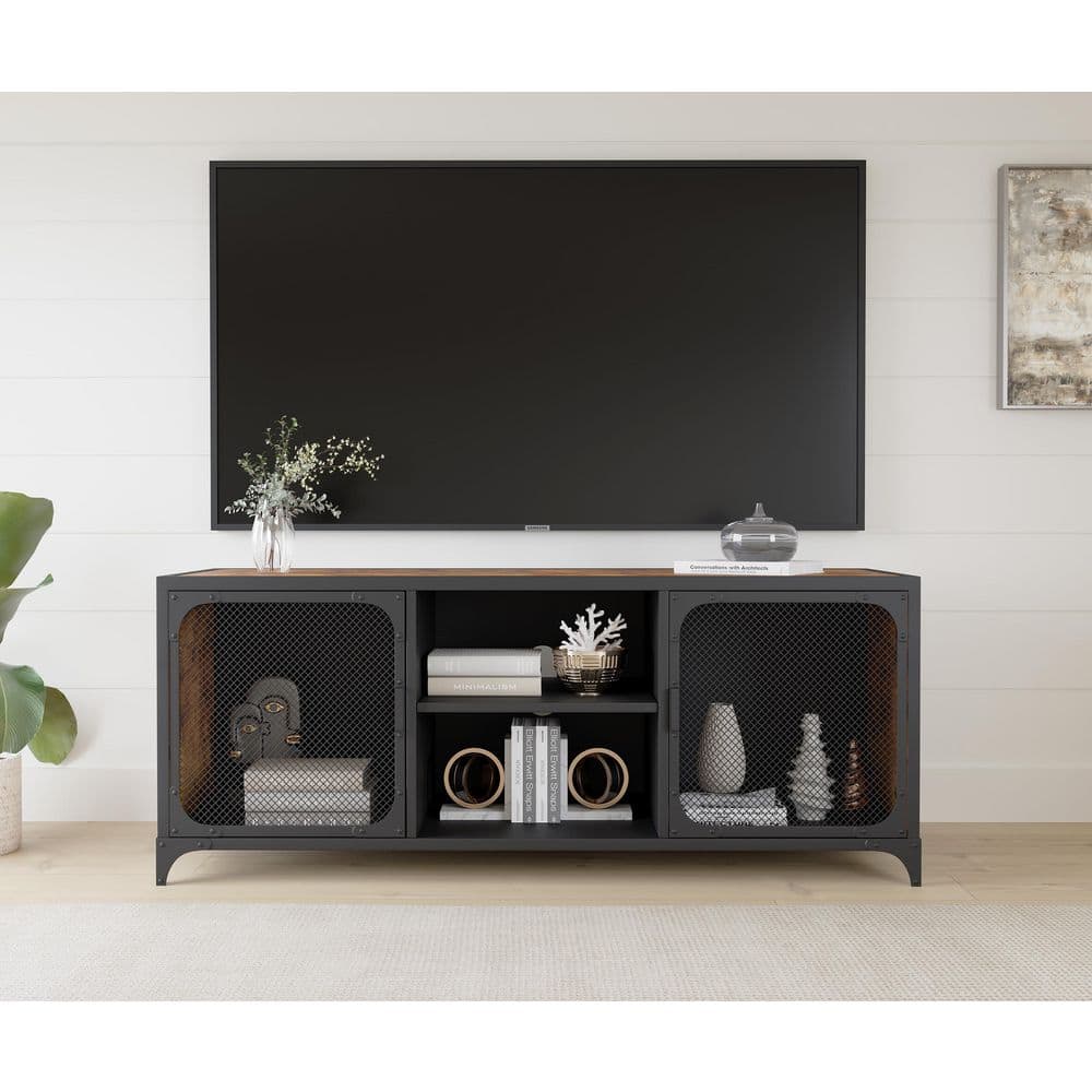 Black Steel and Wood 2-Door TV Cabinet with Mesh Panels