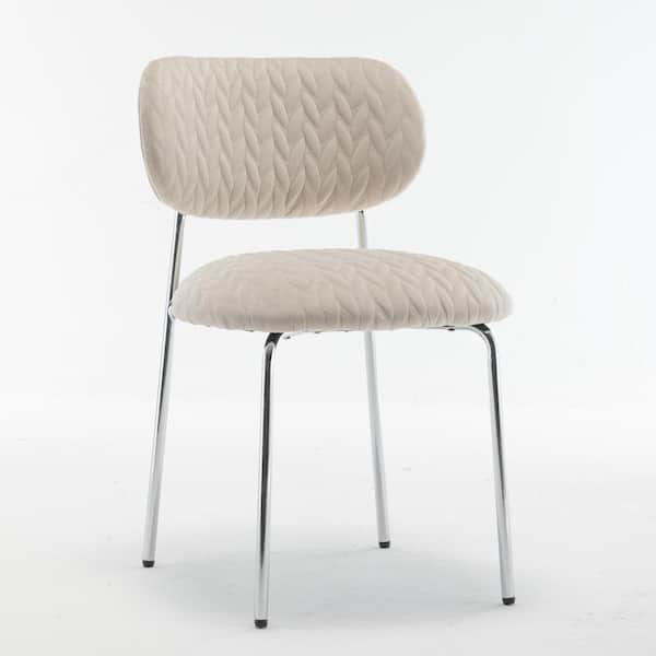 Unbranded Beige Velvet Upholstered Armless Side Chair with Silver Metal Legs, Ergonomic Backrest, Leaf Grain Pattern (Set of 2)