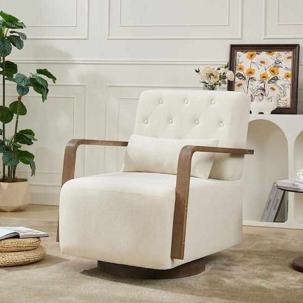 Beige Swivel Accent Chair with Solid Wood Arm Modern Fabric Armchair for Living Room or Bedroom
