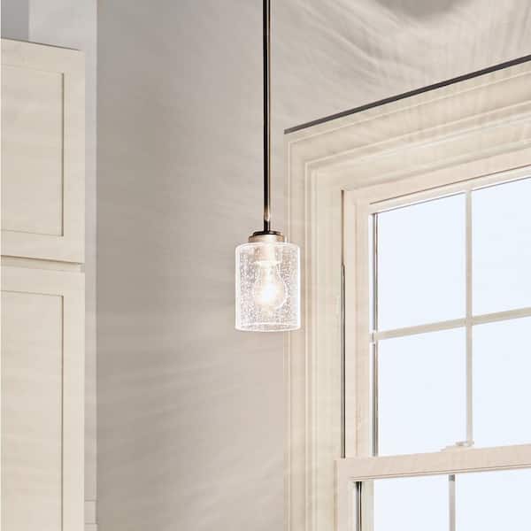Winslow 1-Light Brushed Nickel Contemporary Kitchen Mini Pendant Hanging Light with Clear Seeded Glass