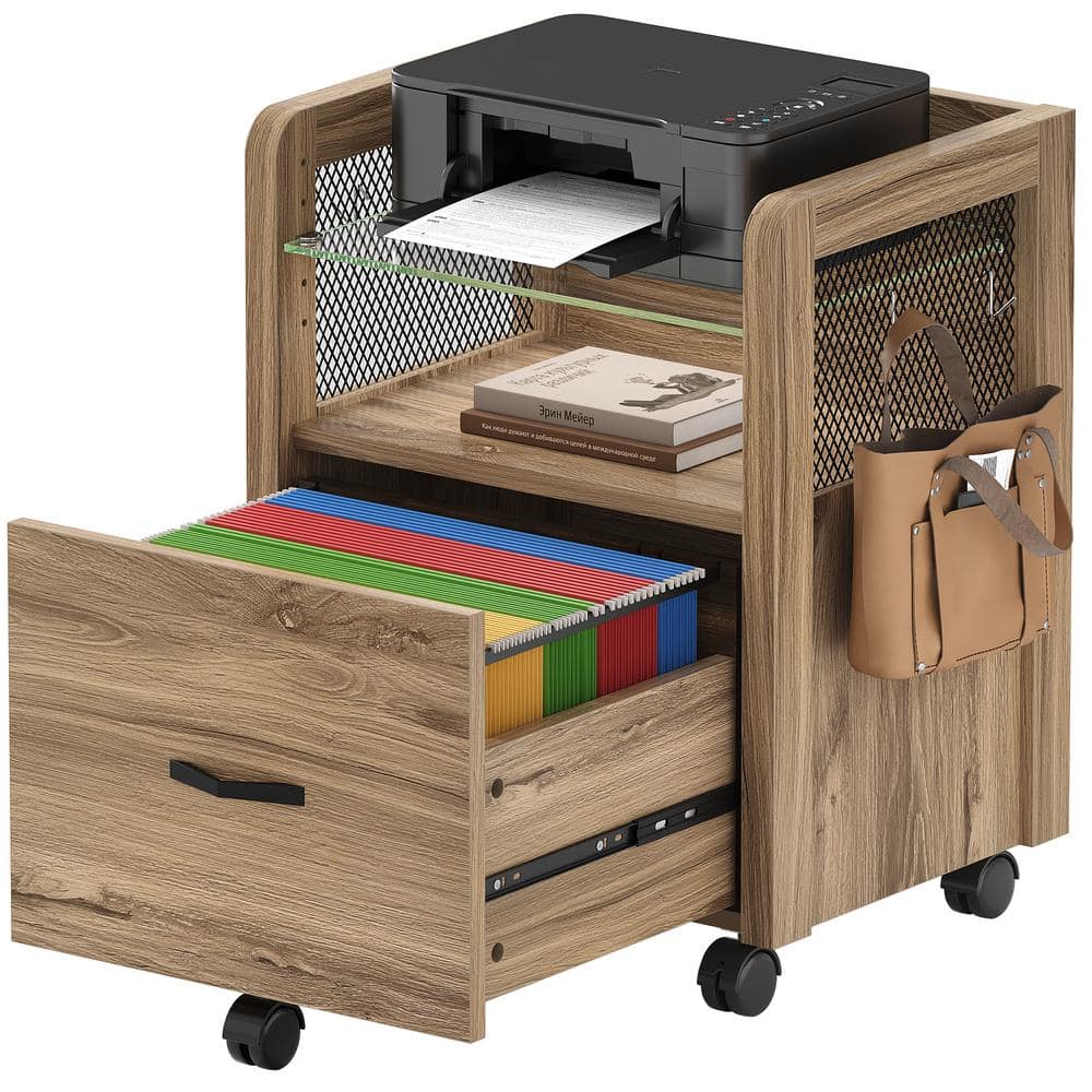 Bestier Single Drawer Natural Engineered Wood 19.49 in. Rolling Vertical File Cabinet with Open Shelf and Hooks H400305B WPIE The Home Depot