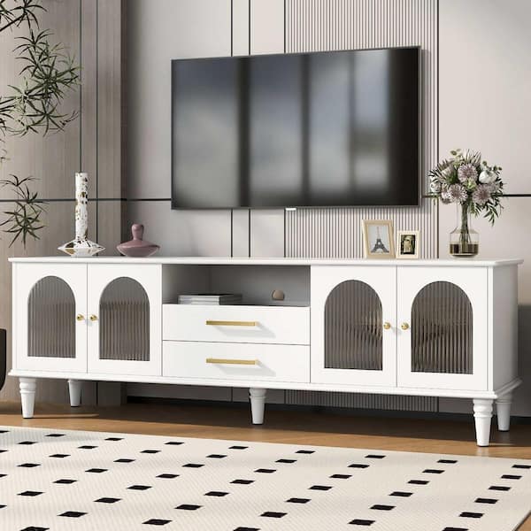 White TV Stand Fits TV's up to 75 in. with Fluted Glass Doors and Five Solid Wood Legs
