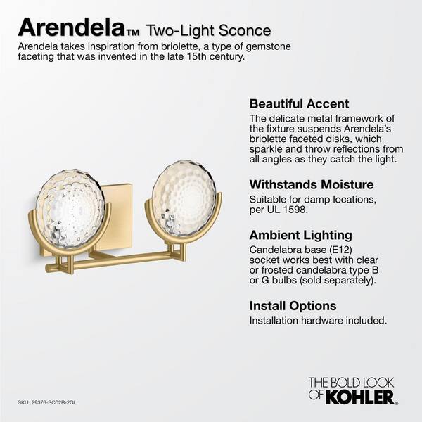 KOHLER Arendela 2-Light 17 in. W Brushed Moderne Brass Sconce K  