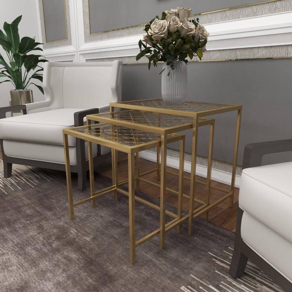 Elegant Gold Metal and Clear Glass Nesting Tables - Set of 3