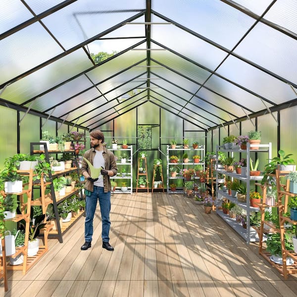 NETAJE 10 ft W x 18 ft D Black Polycarbonate Greenhouse with Quick
