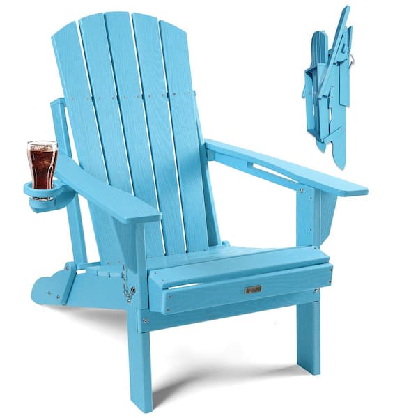 Mximu Blue HDPE Outdoor Folding Plastic Adirondack Chair with Cupholder ...