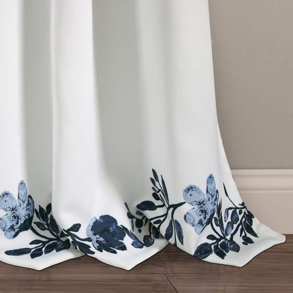 Navy and White Floral Polyester Blackout Curtain Panels
