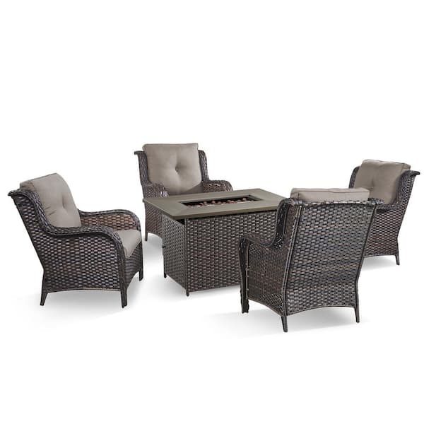 5-Piece Brown Wicker Patio Chairs for 4 with Gas Propane Fire Pit Table Sets Gray Cushions