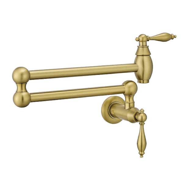 Wall Mounted Pot Filler Faucet with Cross Handle, Double Handle Single Hole Folding Joint Swing Arm in Brushed Gold