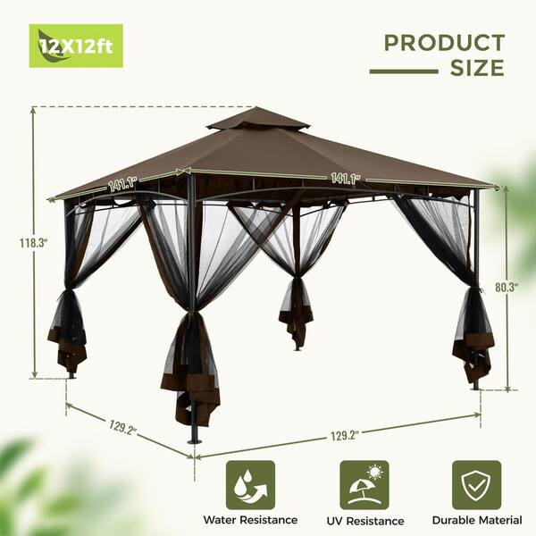 EGEIROSLIFE 12 ft. x 12 ft. Brown Double Roof Soft Top Metal