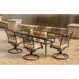 Traditions 7-Piece Aluminum Outdoor Dining Set with Rectangular Glass Table and Swivel Chairs with Natural Oat Cushions