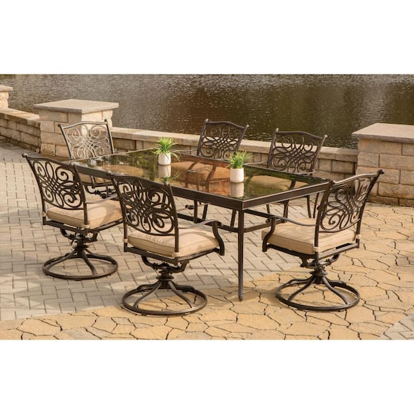 Hanover Traditions 7-Piece Aluminum Outdoor Dining Set with Rectangular Glass Table and Swivel Chairs with Natural Oat Cushions