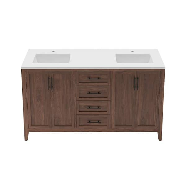 Silas 60 in. Double Sink Freestanding Bath Vanity with White Quartz Top and Ceramic Sink in Warm Walnut