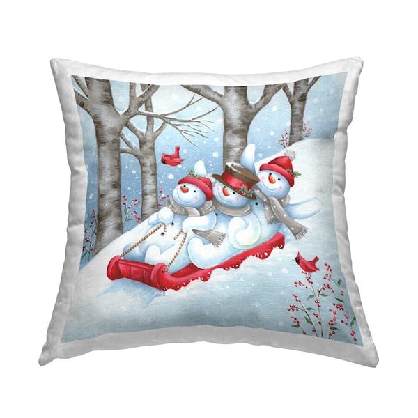 Stupell Industries Snowmen Sledding Winter Slope Scene Blue Print Polyester 18in. X 18in. Throw Pillow