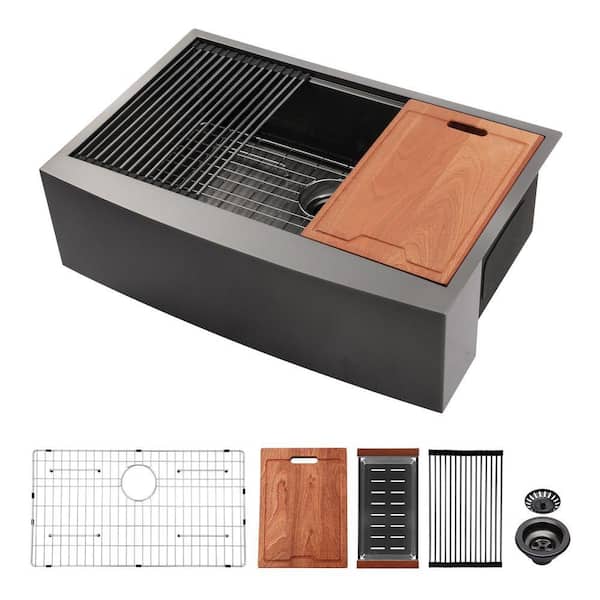 30 in. Farmhouse/Apron-Front Single Bowl 16 Gauge Gunmetal Black Stainless Steel Kitchen Sink with Workstation