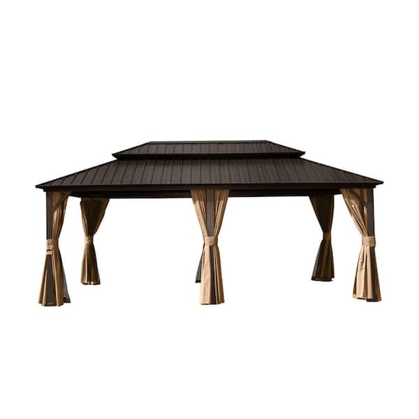 12 ft. x 18 ft. Outdoor Brown Aluminum Hardtop Gazebo with Galvanized Steel Double Roof with Curtain and Netting