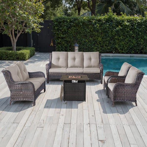 Pocassy 5-Piece Brown Wicker Outdoor Patio Fire Pit Seating Set with CushionGuard Beige Cushions