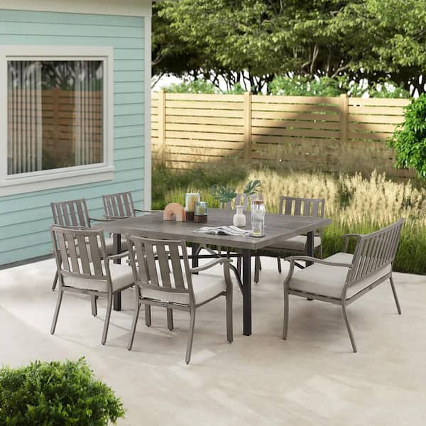 ULAX FURNITURE 8-Piece Aluminum Outdoor Dining Set with Cushion, 6-Dining Chairs, Dining Bench and Table