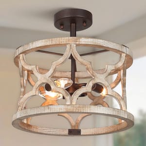 Farmhouse Distressed Wood Candlestick 3-Light Rust Bronze 14 in. Semi-Flush Mount Ceiling Light with Drum Cage