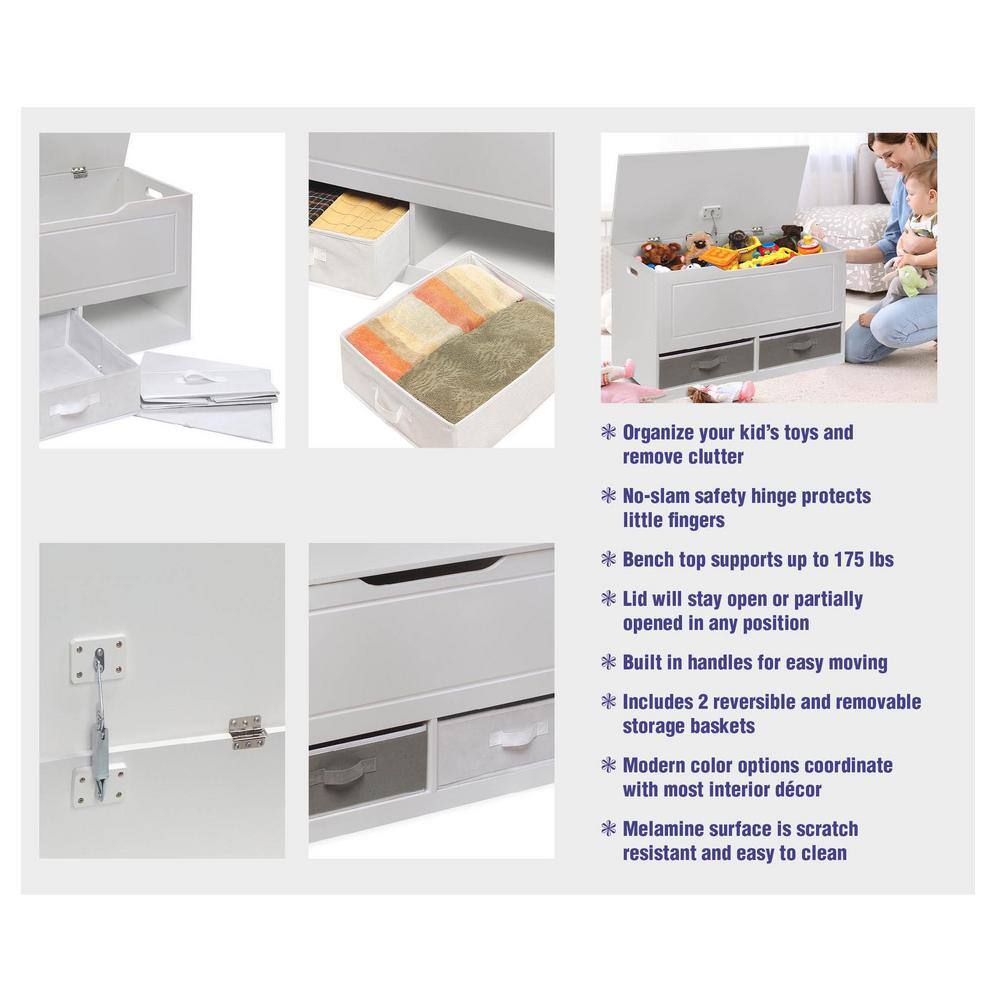 Dual-Tone White & Gray Toy Storage Bench with Reversible Baskets