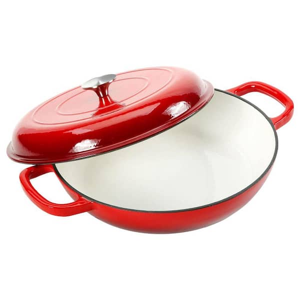 3.8 in. Red Enameled Cast Iron Casserole Braiser with Lid Dual Handles Non-Stick Induction Dutch Oven Piece