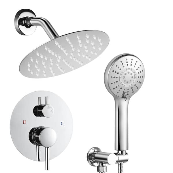 AKLFGN Single Handle 2-Spray 10 in. Round Shower Faucet 2.5 GPM with 360° Swivel Adjustable Heads in Polish Chrome