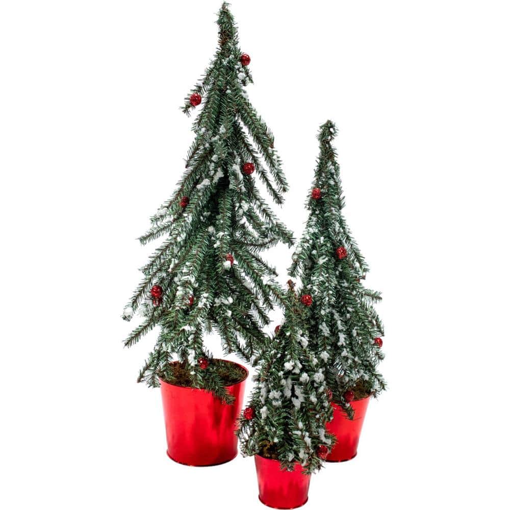 24" Green and Red Flocked Potted Tabletop Christmas Trees