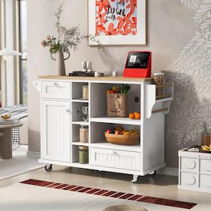 White Kitchen Island Cart Wood Desktop Storage Cabinet and 2-Locking Wheels with Towel Holder