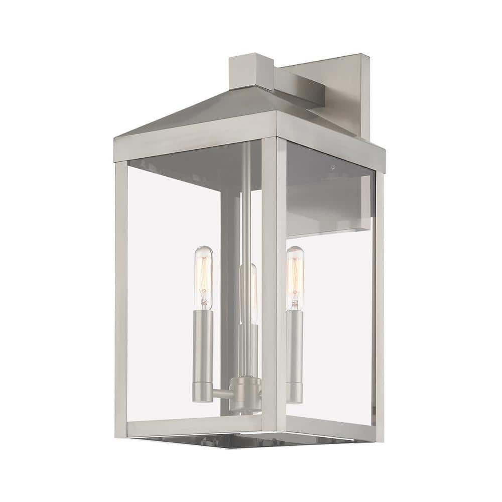 Brushed Nickel 3-Light Outdoor Wall Lantern with Clear Glass