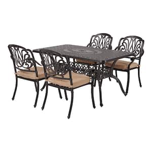 Classic Dark Brown 5-Piece Cast Aluminum Rectangle Outdoor Dining Set W/ Table and Stackable Chairs with khaki Cushions