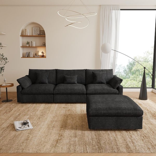 Magic Home Modular 119 in. Flared Arm 4-Piece L-shaped Linen Cloud Couch Convertible Sectional Sofa in Black with Ottoman