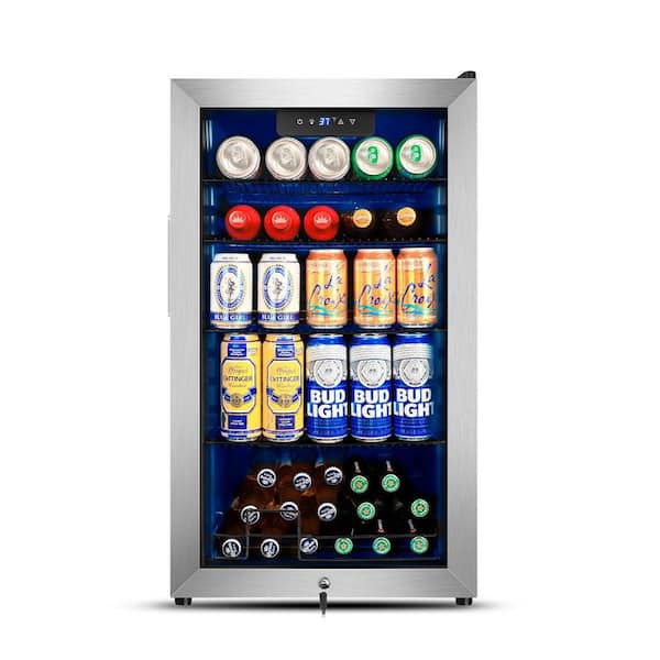 17.51 in. Silver Single Zone Freestanding 130-Cans Stainless Steel Beverage Cooler with Low-E Glass Door, Safety Lock
