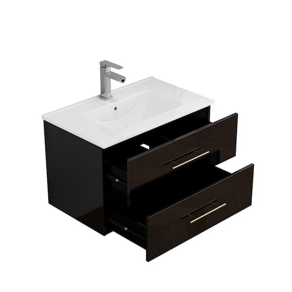 30 in. Black Wood Rectangle Vessel Sink Bathroom Vanity Combo with Double Drawers, Long Metal Handle