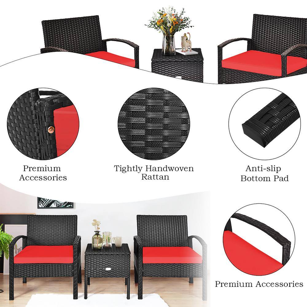 Red Cushioned Black Rattan 2-Person Patio Conversation Set