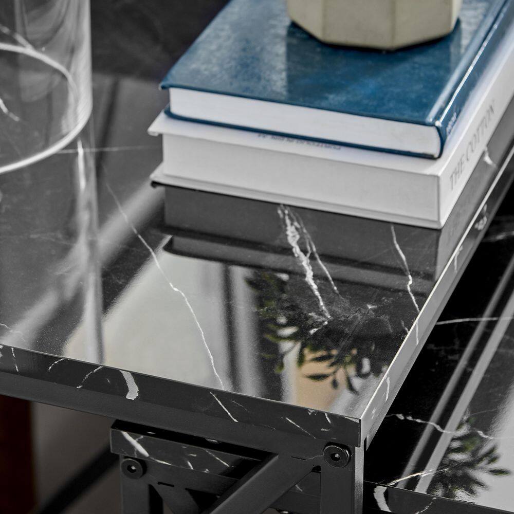 Modern Faux Marble and Black Metal Nesting End Table Set