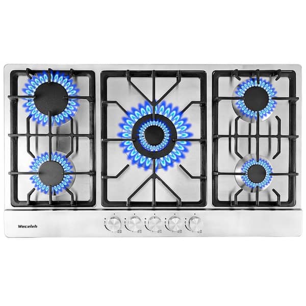 FUNKOL 34 in. 5-Burners Built-in Gas Cooktop in Stainless Steel with LPG/NG Dual Fuel, Silver