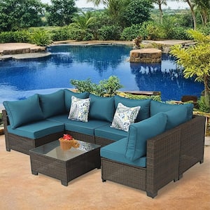 Brown 7-Piece Wicker Outdoor Sectional Set with Glass Table and Peacock Blue Cushions